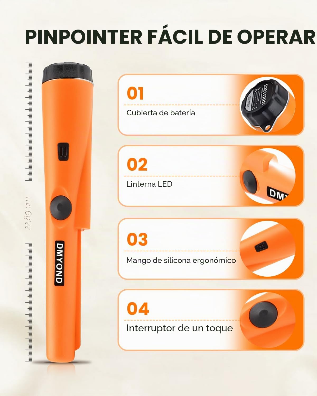 Dmyond Detector de metales Pinpointer – Varita de puntero de mano impermeable profesional – Detección de 360° de alta sensibilidad – Sonda de búsqueda de tesoros para adultos y niños, naranja
