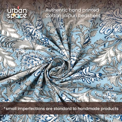 Image of Urban Space 100% Cotton Jaipuri Handblock Printed Double Size Bedsheet with 2 Pillow Covers, 200 TC Cotton Double Bedsheet (90 x 100 Inches, Rangrez Blue)