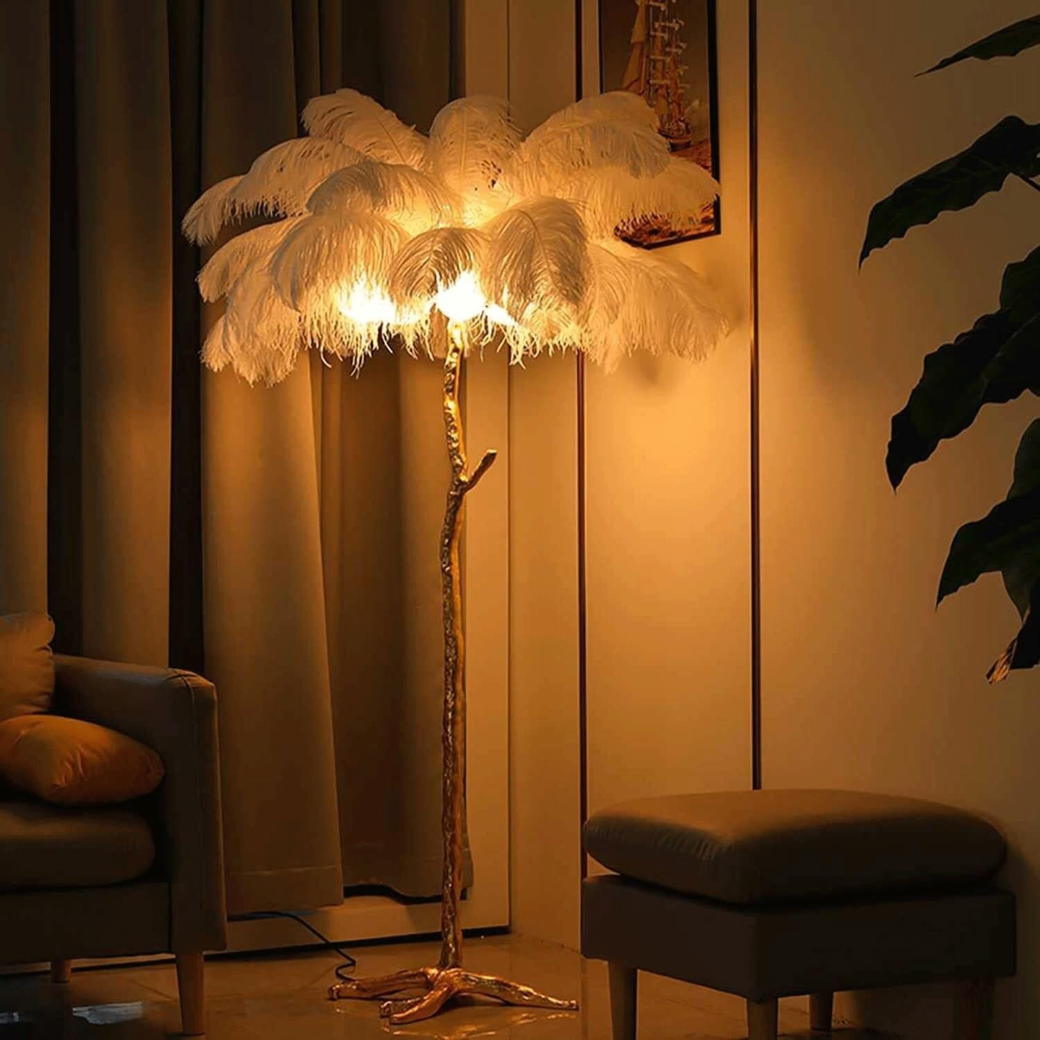 Ściemniana lampa podłogowa ze strusimi piórami, dekoracyjne oświetlenie LED do salonu, domu i biura, regulowana lampa do czytania, ciepły blask