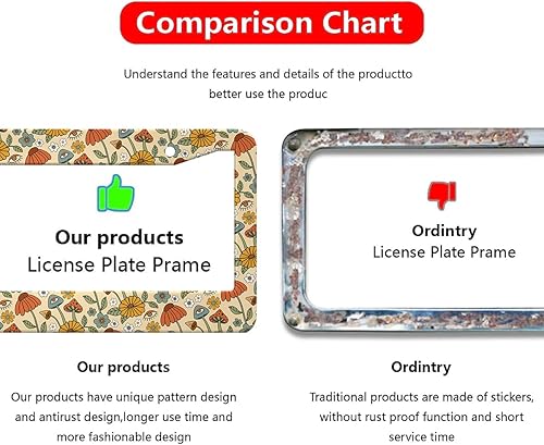 Miniatura 3 de Marco de matrícula de acero inoxidable con diseño de hongos funky retro hippie, flores y ojos, juego de cubierta de placa de matrícula con tapas de