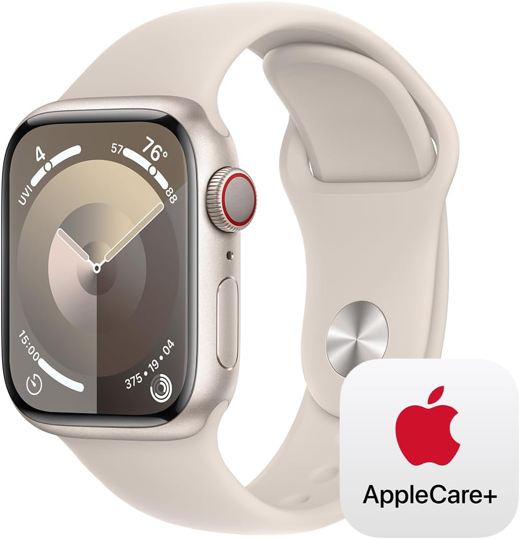 Apple Watch Series 9 [GPS + Cellular 41mm] Smartwatch with Starlight Aluminum Case with Starlight Sport Band S/M. with AppleCare+ (2 Years)