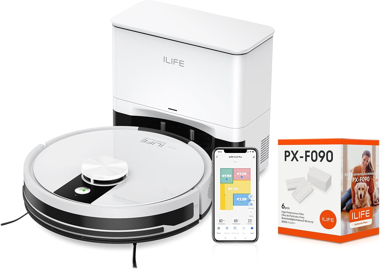 ILIFE A12 Pro Robot Vacuum and Mop Combo, Self Emptying Robot Vacuum Cleaner + A12 Pro Replacement Filters, 6 Pack Included