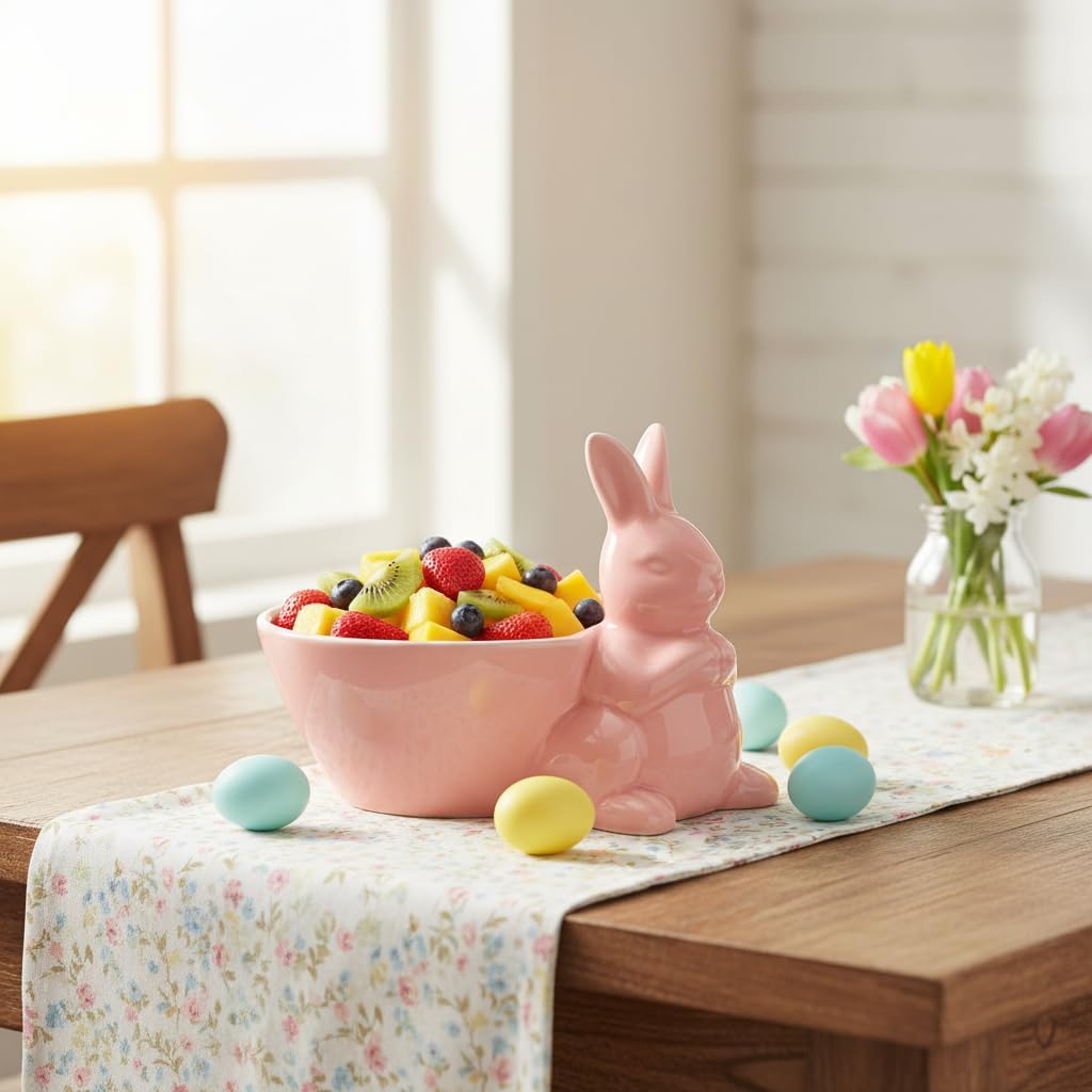 DOITOOL Easter Bunny Candy Bowl, Ceramic Rabbit Serving Dish for Snack Dessert Salad Spring Table Centerpiece Decor (Pink，1PC)