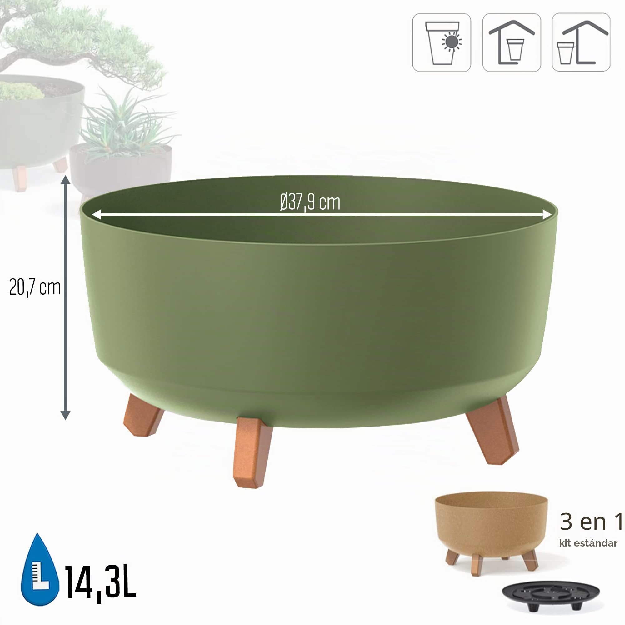 Prosperplast Macetero Color Verde Tierra, con Patas Desmontables, Redondo, colección Gracia de 38 x 38 x 19,5 cm, Capacidad de 14,3 L.