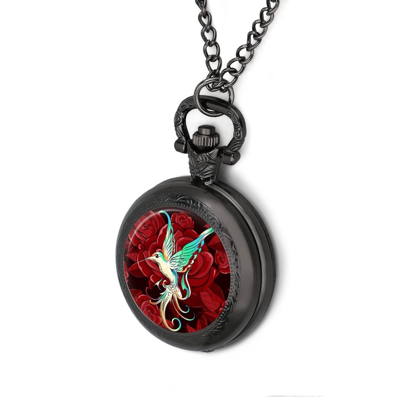 Beautiful Hummingbird with Rose Vintage Pocket Watch Printed Pendant Watches Necklace with Chain Gift for Friend Lover Family Black-Style