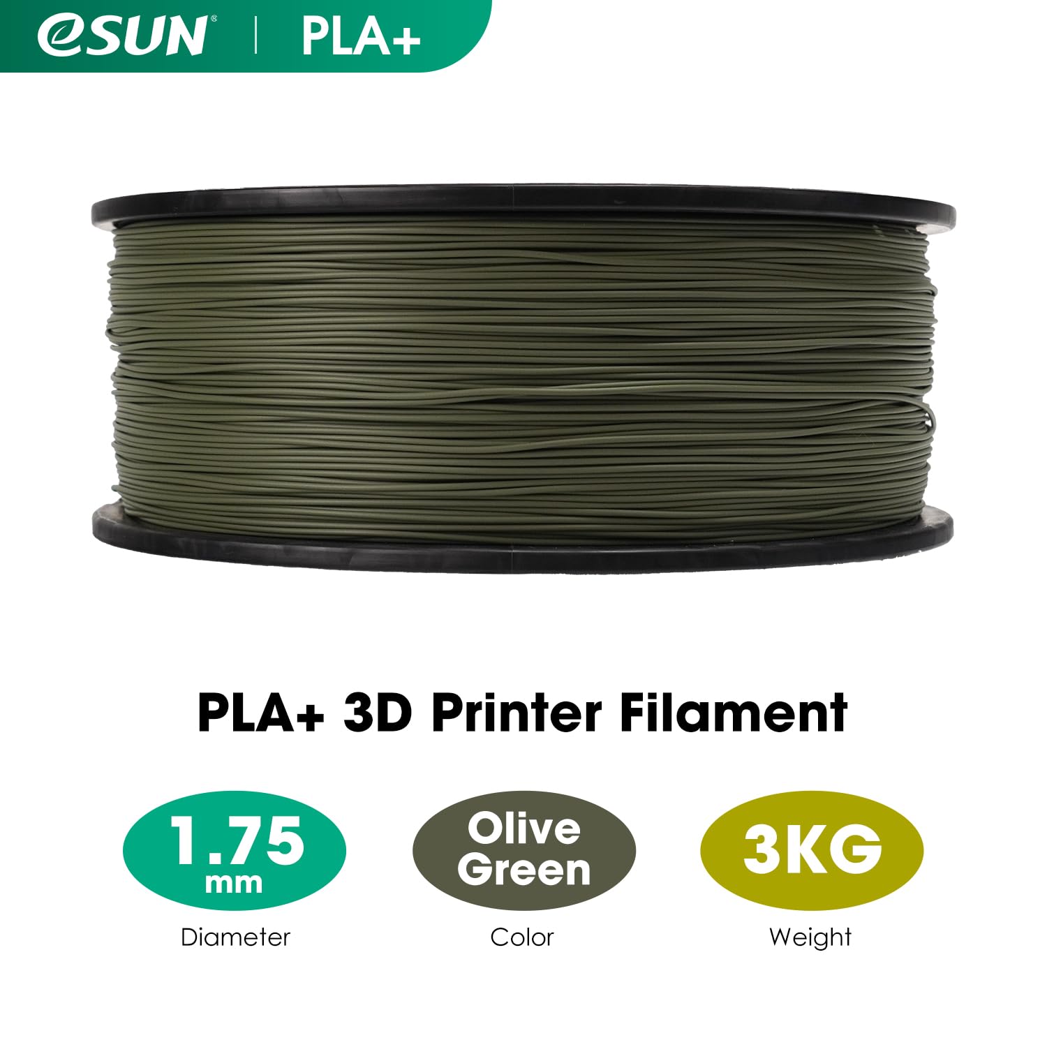 eSUN Filamento PLA+ 1.75mm, Filamento per Stampante 3D PLA Plus, Precisione Dimensionale +/- 0.03mm, Bobina da 3kg (6.6 libbre) Filamento per Stampa 3D per Stampanti 3D, Verde oliva