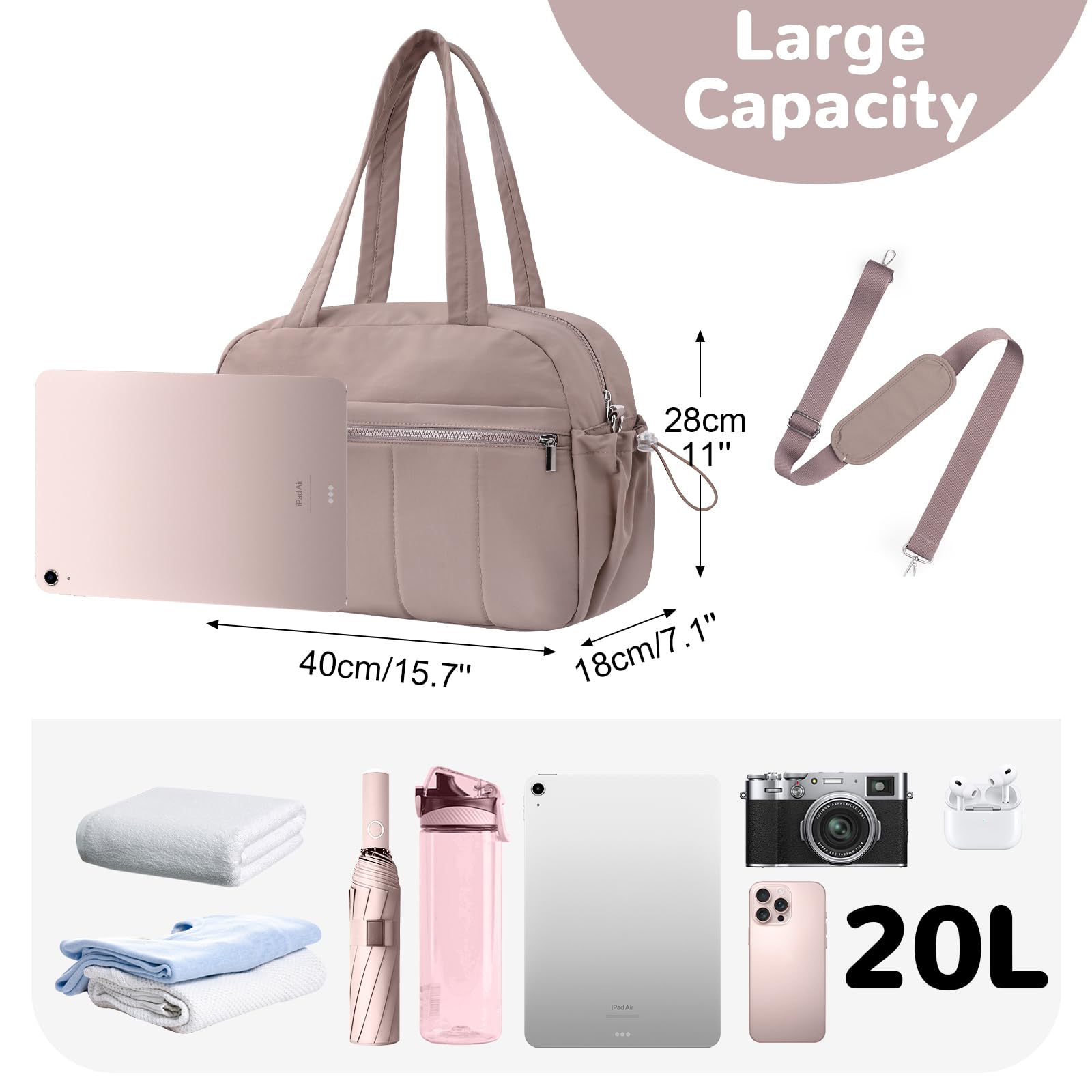 Sac de Sport 20L Femme Fille, Petit Sac de Voyage avec Séparation par Humide et Sèche, Sac Weekend Léger Souple, Sac Yoga pour Camping Voyage Fitness Natation Danse, Marron