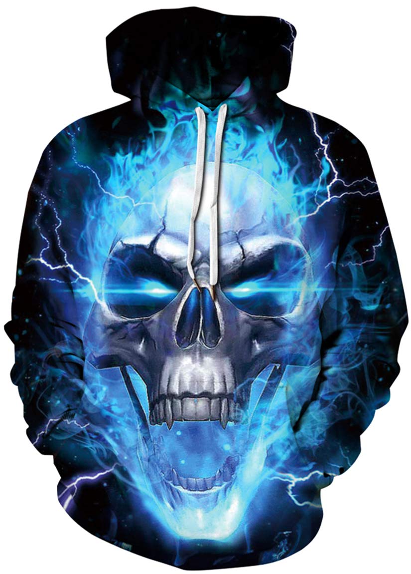 Ocean Plus Men's Blue Fire Skull Galaxy Digital Hooded Sweatshirt Long Sleeve Hoodies Sport Cardigan Hooded Plus Size (M (Chest: 112-132Cm), )