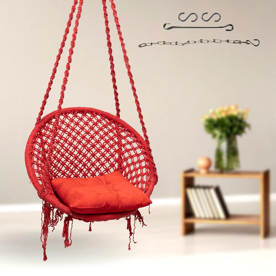 Curio Centre Round Cotton Rope Hanging Swing with Square Cushion & Chain Accessories for Adults & Kids/Swing for Indoor,Outdoor, Home,Patio,Yard,Balcony, Garden (145x57x43 cm, 100 kgs Capacity, Red)-image-34