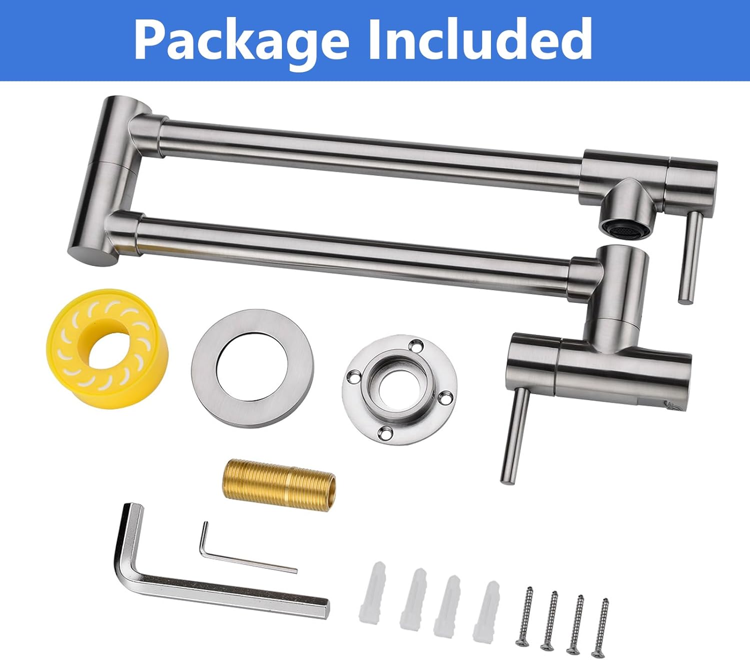 Pot Filler Faucet Brushed Nickel, Wall Mount Brass Folding Kitchen Stove Faucet with Double Joint Swing Arms Brushed Nickel