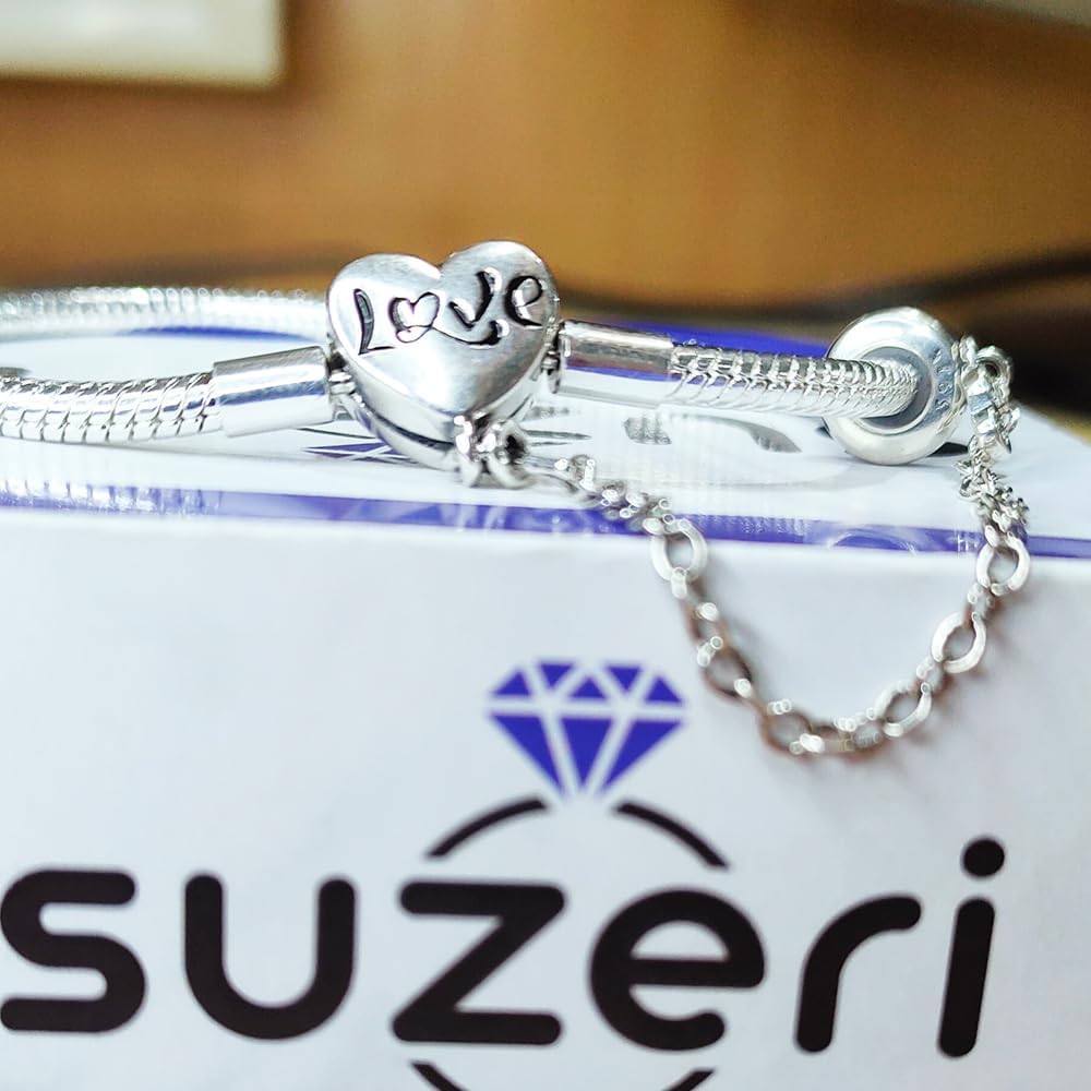 Forever Love Heart Clasp Snake Chain Charm Bracelets with Safety Chain 925 sterling silver Jewelry Bracelet Fits Any Charm for Women 18 Cm - Image 5