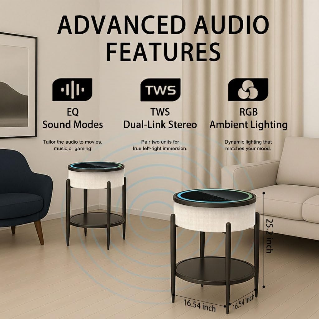 LED Smart Floor Standing Bluetooth Speaker with Wireless Charging, 65W HiFi Sound System, RGB Lights, Round Tempered Glass Touch Panel, USB/Type-C/AUX Ports, Modern Design, Beige