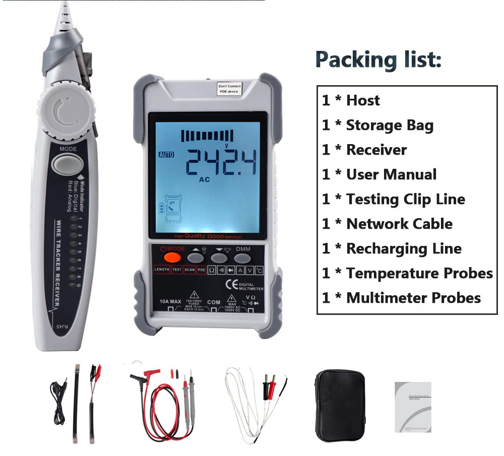 Kalea-Informatique Probador Profesional Digital LCD Red RJ45 RJ11 y Multímetro: Cartografía, Continuidad, Longitud, PoE, Tensión, Localización, Antorcha, Tensión Corriente Corriente AC DC, | Comprobador de red RJ45/RJ11 con multímetro integrado, medición
