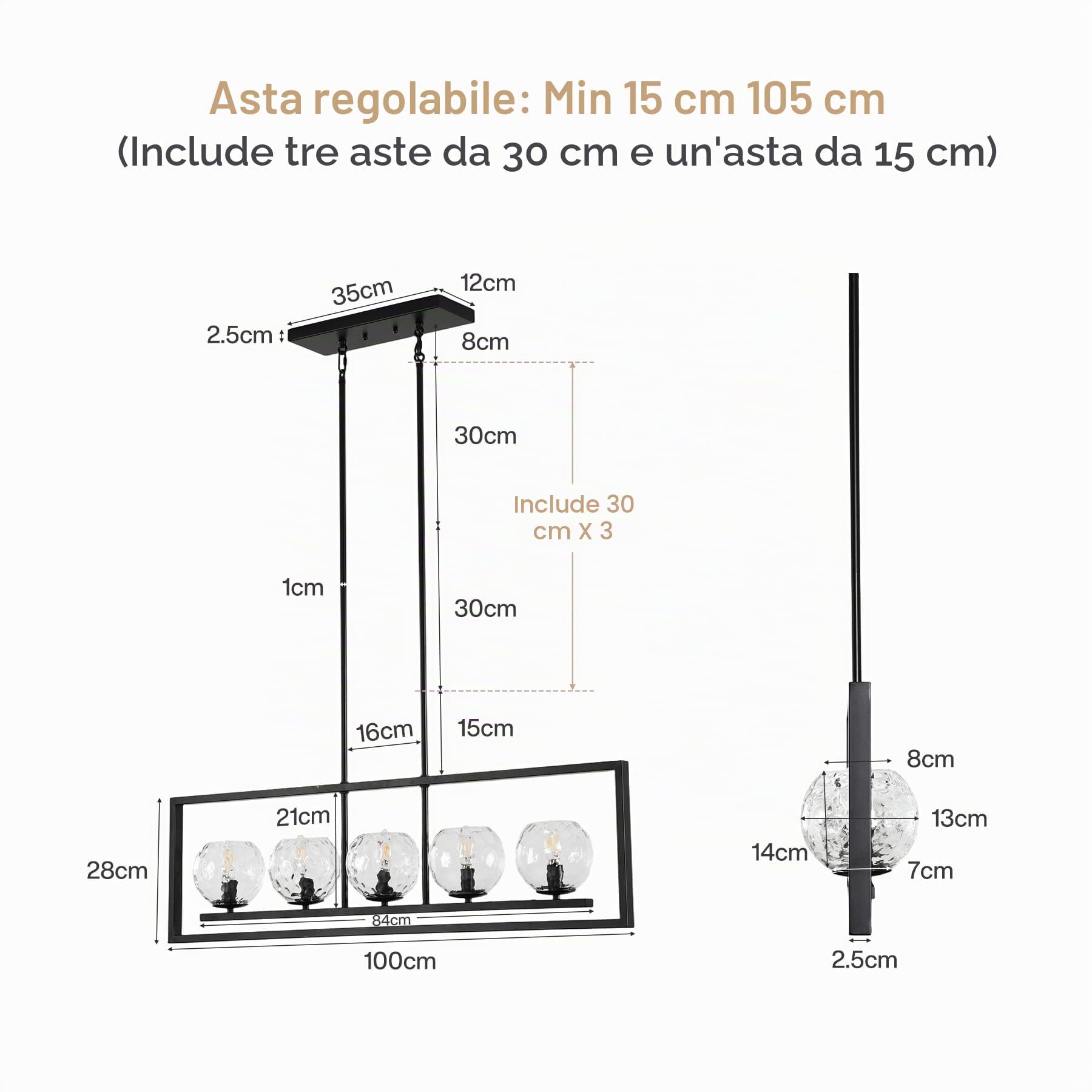 Tribesigns Lampadario moderno a 5 luci, regolabile in altezza, lampada da soffitto in metallo per sala da pranzo, cucina, ingresso, corridoio e camera da letto (attacco E14, senza lampadine)