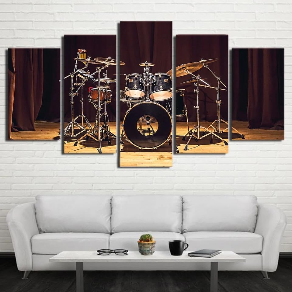 Tableau Decoration Murale Salon 5 Parties Musique Batterie avec Cadre