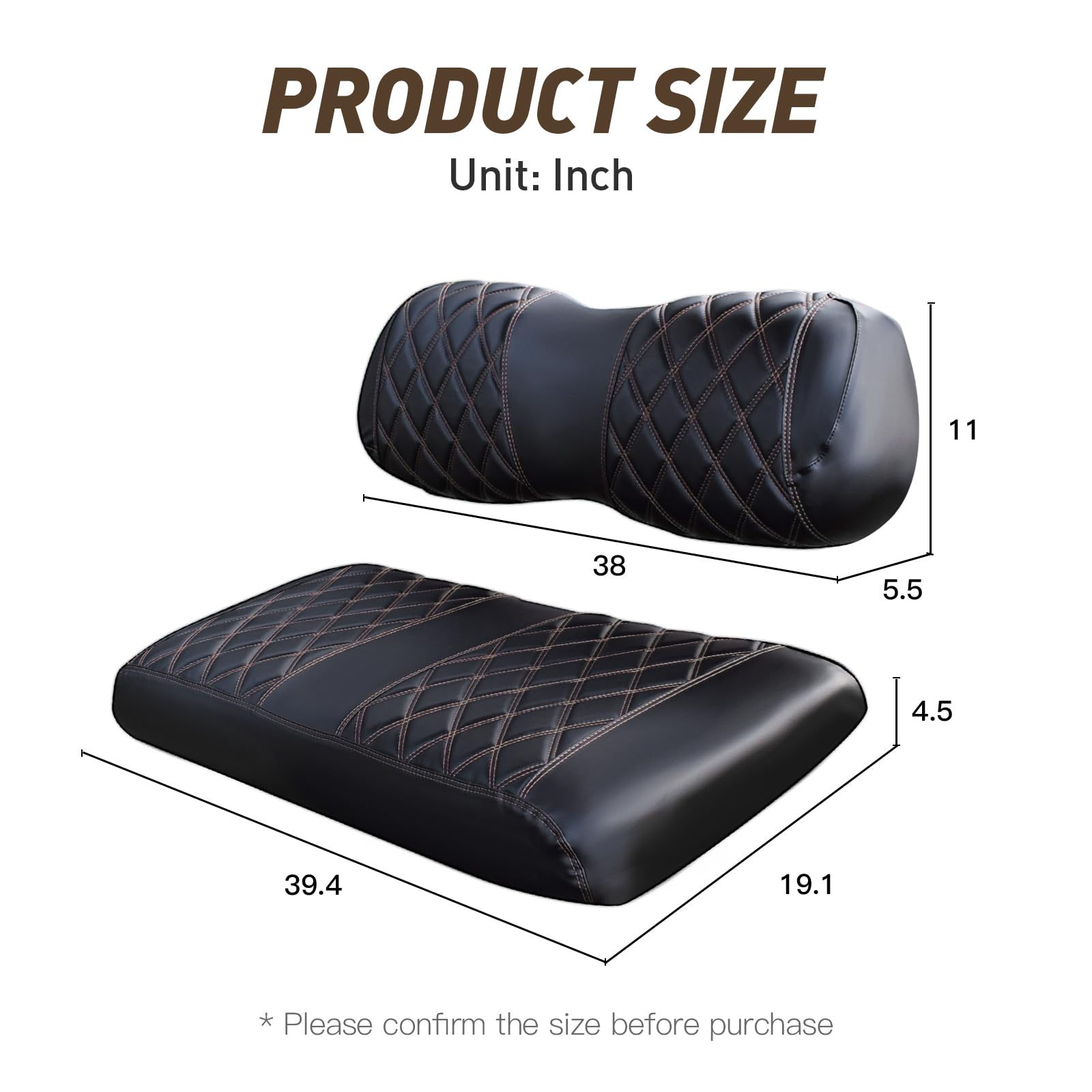 NOKINS Golf Cart Club Car DS 2000.5-Up Diamond Seat Covers Kit, Fits Club Car DS OEM Standard Front Seat Cushion, Golf Cart Vinyl Seat Cover, No Nails Required (Black and Brown Stitching)