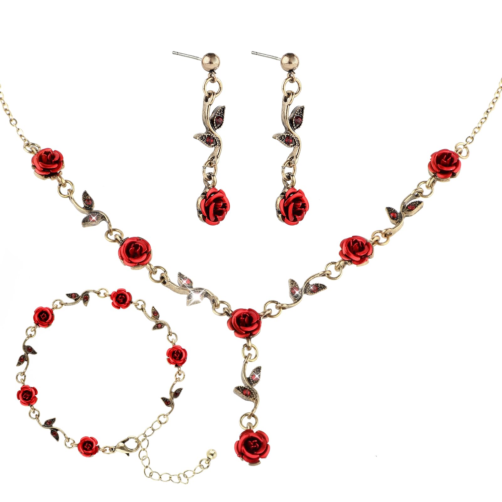 YolevRed Rose Jewelry Set Exquisite Rose Flower Pendant Necklace, Bracelet Dangle Earrings Jewelry Sets for Women Wedding