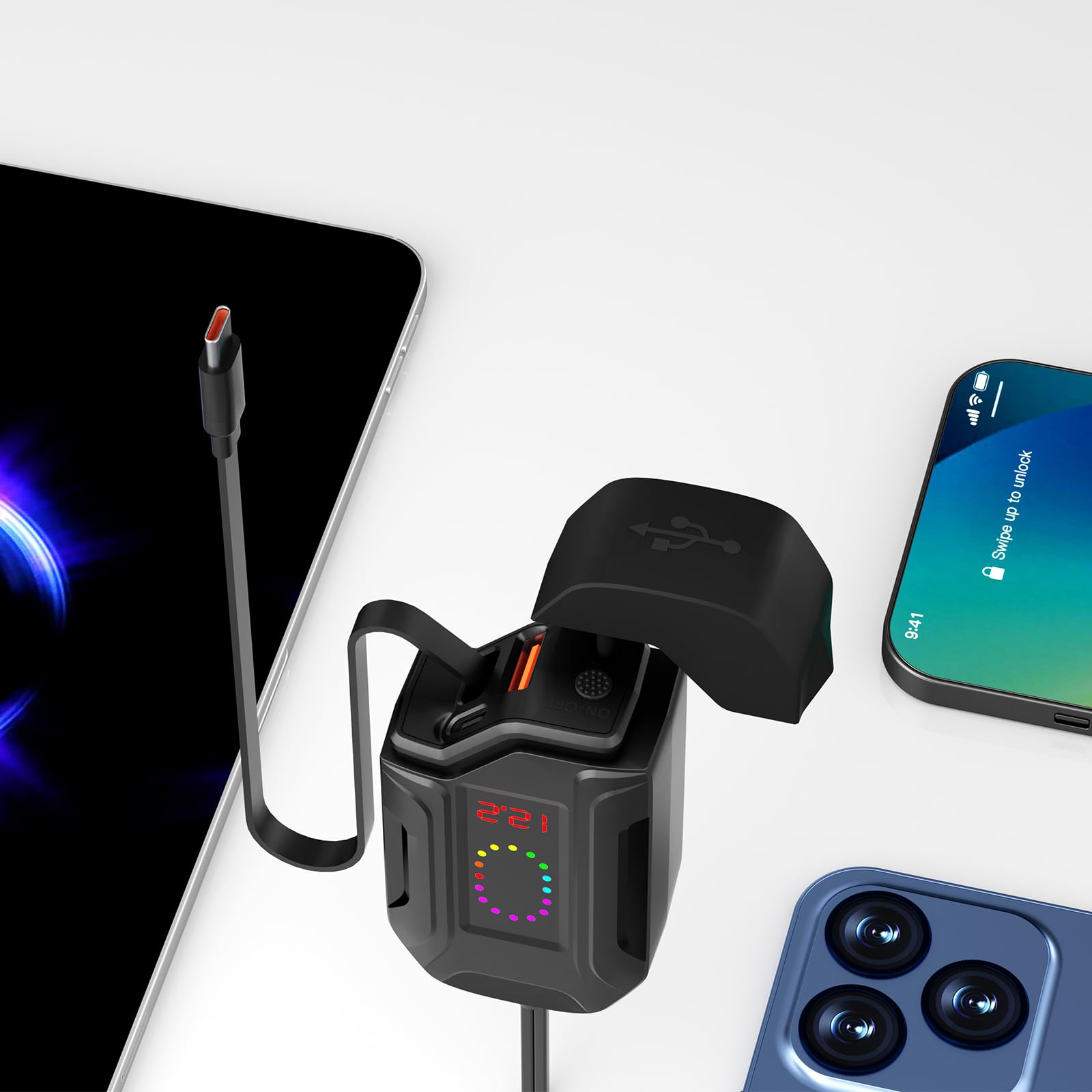 Motocyklowy adapter USB z woltomierzem, wyłącznikiem, IP65, podwójny USB-C PD i USB-A do telefonu, tabletu, GPS