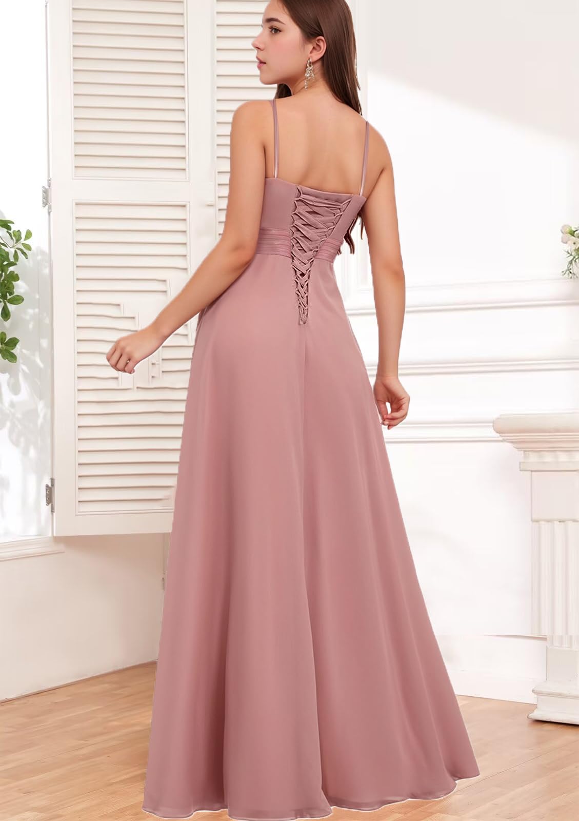 Brautjungfernkleider Spaghetti-Träger - Chiffon Kleider für Hochzeitsgäste Damen Lange Abendkleider mit Schlitz
