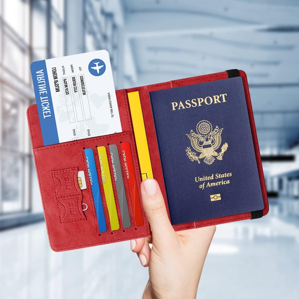 Czyan Reisepasshülle, Kunstleder Schutzhülle Reisepass mit RFID Blockier Schutzhülle Impfausweis Schutzhülle Tasche für Kreditkarten Ausweis und Reisedokumente (Rot) - Image 6