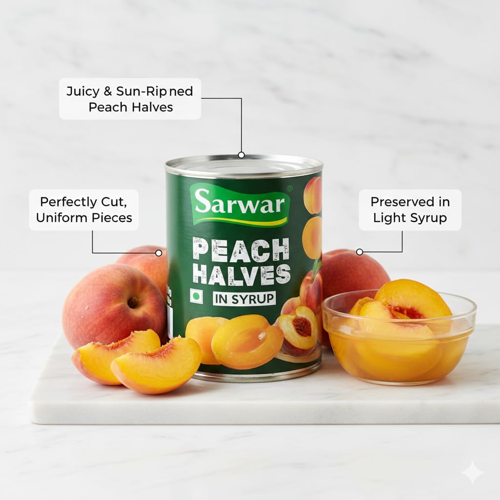 Sarwar Peach Halves 820g | Yellow Peaches in Light Syrup | Ready to Eat & Ideal for Desserts, Cakes, Fruit Salads & Smoothies
