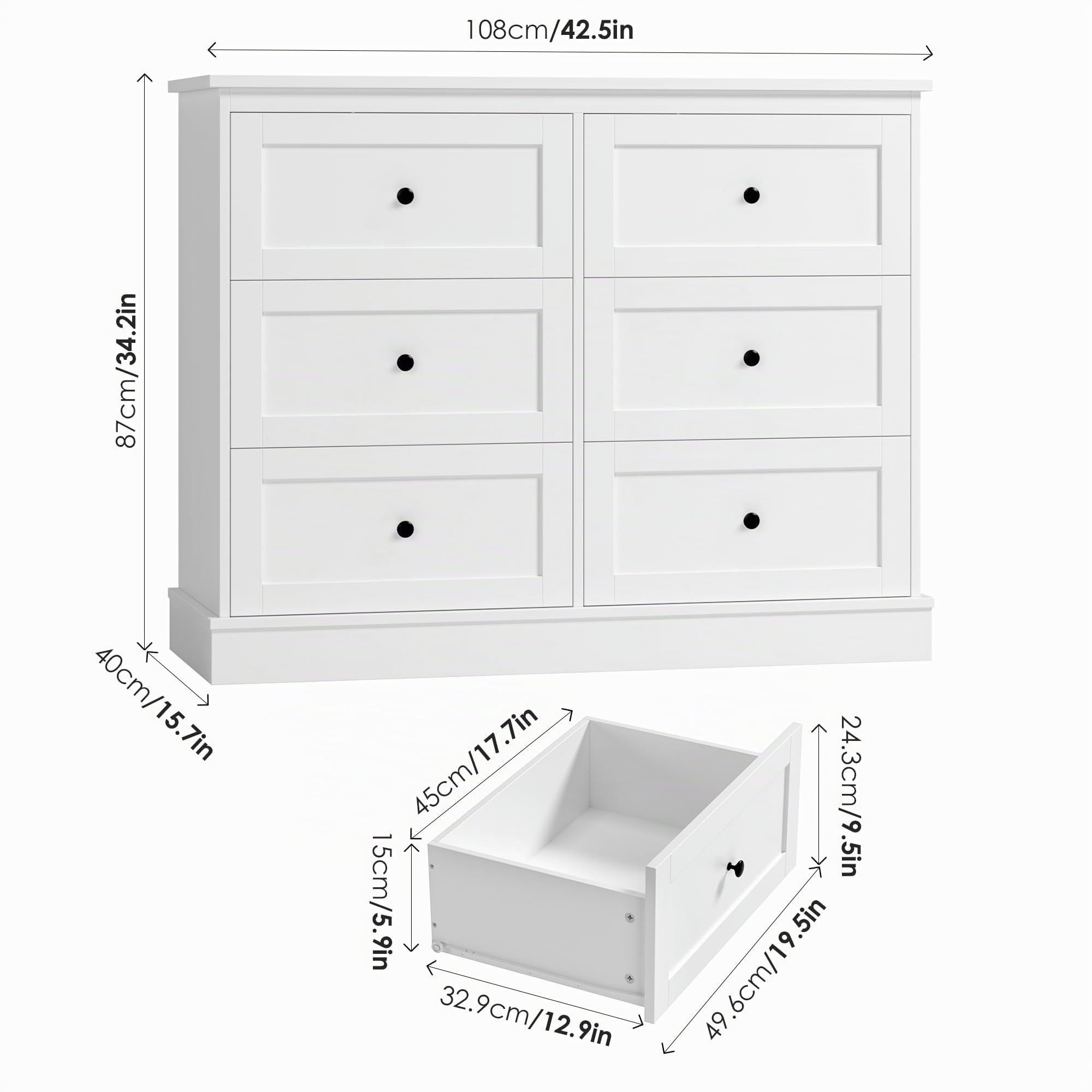 FOREHILL Cómoda 6 Cajones Amplia Dormitorio para Vestidor Recibidor Blanco | Mueble Almacenaje con Guías Metálicas y Kit Antivuelco, Cómodas y Cajoneras Gran Capacidad para Pisos Pequeños 108An.x40x87cm