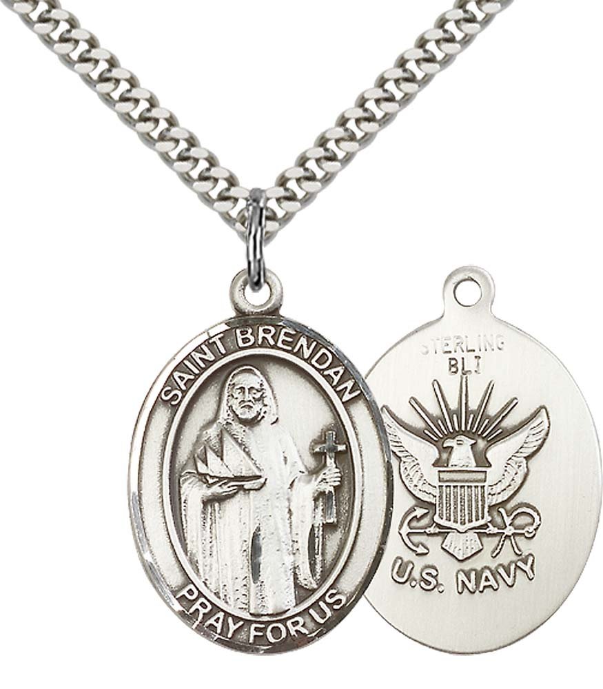 F.A. DumontF A Dumont Sterling Silver St. Brendan The Navigator/Navy Pe with 24" Stainless Steel Heavy Curb Chain. Patron Saint of Sailors/Mariners
