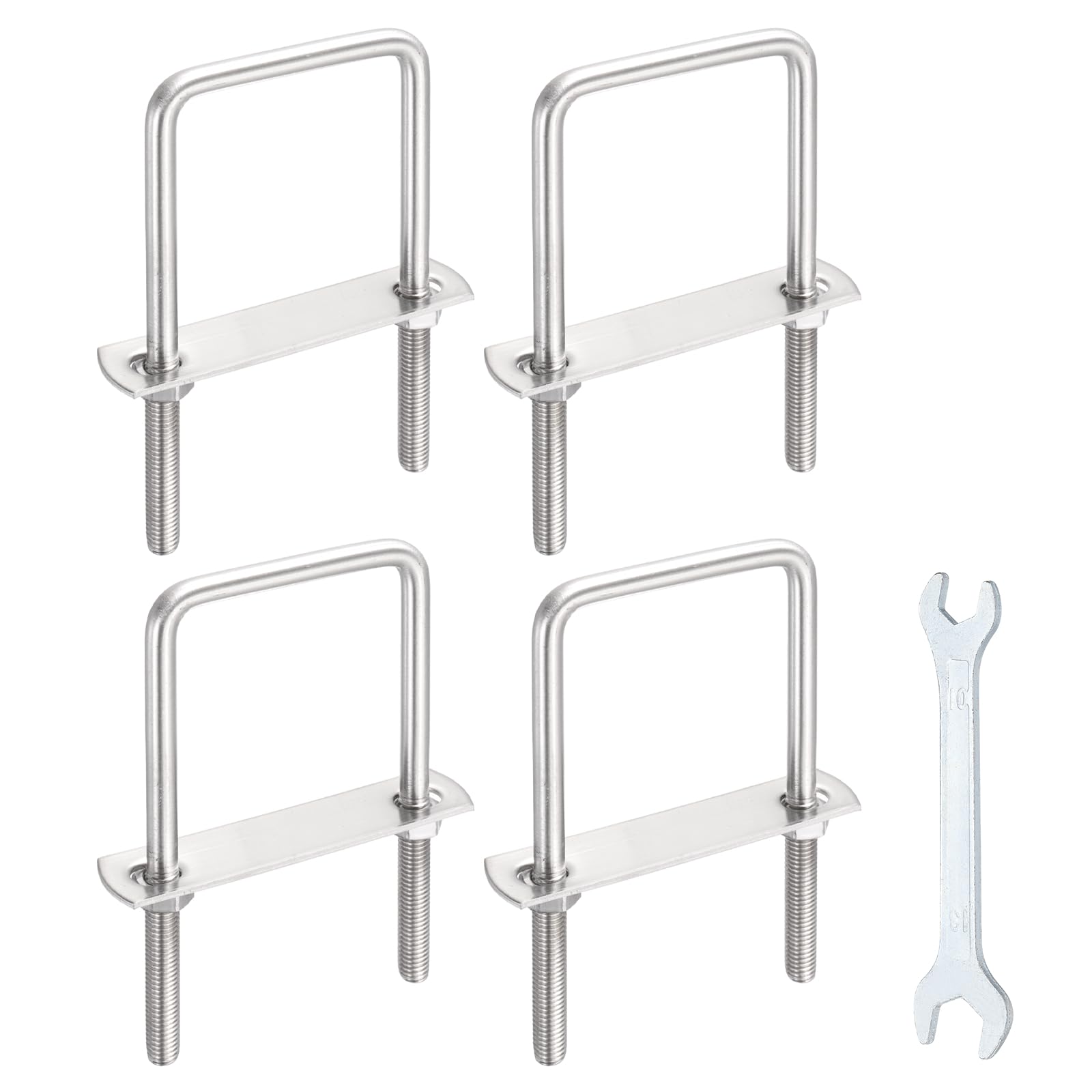sourcing map 4 Sets M8 Square U-Bolts, 2.36"(60mm) Inner Width 3.1"(80mm) Length 304 Stainless Steel U Clamp Bolts with Nuts, Plates and Wrench for Trailer Ski Boat Fishing Boat โ image 1