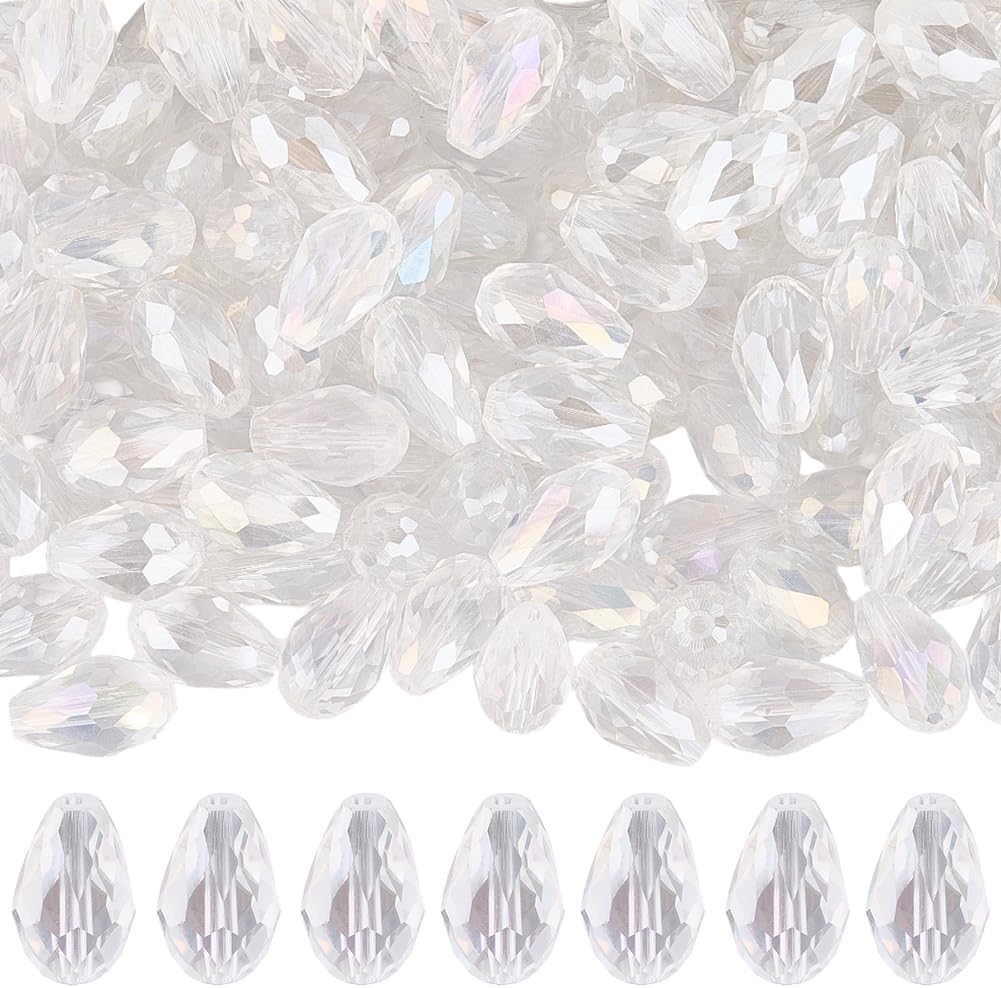 1 Box 150PCS 15MM Clear Faceted Teardrop Glass Beads with Hole Briolette Crystal Transparent Water Drop AB Color Spacer Charm Loose Bead for Jewelry Making Earring Necklace Diy Craft Supply