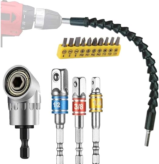 Flexible Drill Extension Hex Shank Drill Nut Driver Bit Set, 1pcs Bendable Drill Bit Extension, 105° Right Angle Drill Extension, 3pcs 1/4 3/8 1/2" Universal Socket Adapter Set, Screwdriver Bit Set