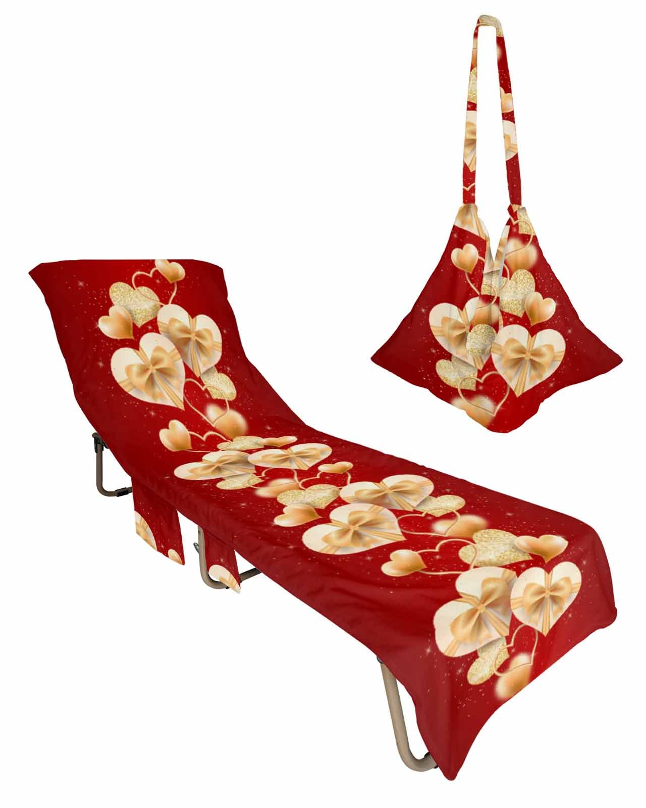 Golden Love Heart Valentines Day Beach Lounge Chair Towel Cover, Soft Chaise Lounge Towel with Side Pockets Patio Pool Chairs Cover for Beach/Pool Sunbathing 29x85 Red Romantic