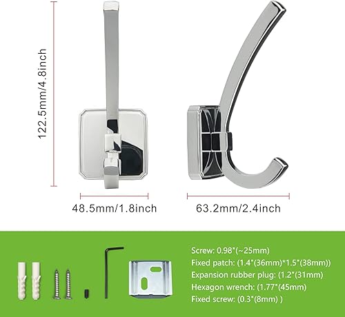 Miniatura 2 de TUNNY Paquete de 5 ganchos para colgar en la pared con base cuadrada, gancho cromado, para zapatero, armario, baño, dormitorio, muebles