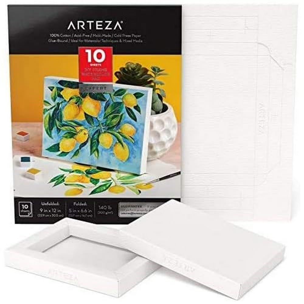 Arteza Watercolour Paper Pad, Foldable Canvas Artist Paper, 12.7 x 16.7 cm, 10 Sheets, Heavyweight, 140 lb, 300 GSM, Acid-Free, 100% Cotton Pulp DIY Frames for Painting & Mixed Media Art