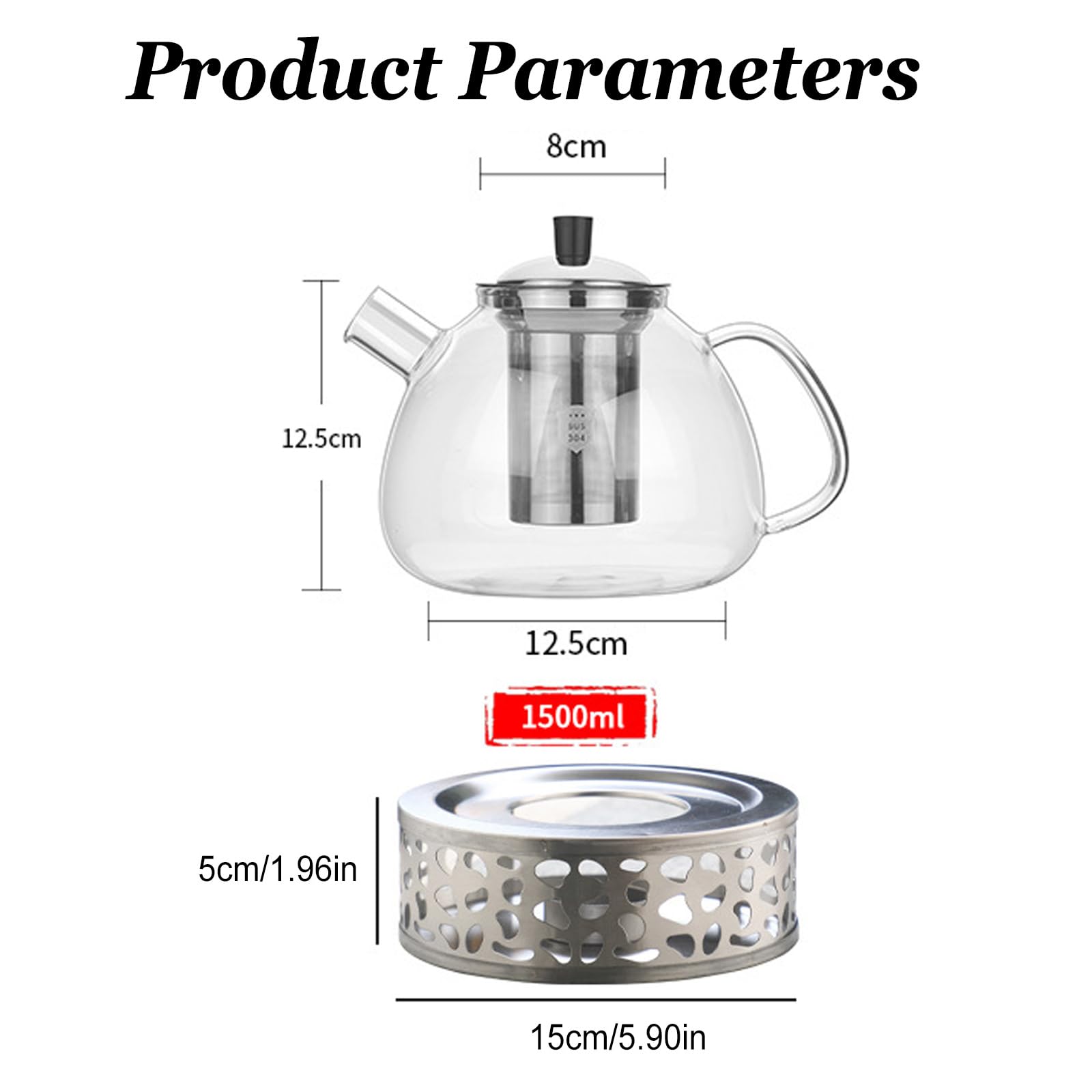 Tetera con Calienta Teteras e Infusor 1500ml, Tetera de Vidrio con Calienta Teteras de Acero Inoxidable, Tetera de Vidrio Borosilicato, Té de Frutas – Tetera de Vidrio para Vitrocerámica y Vela