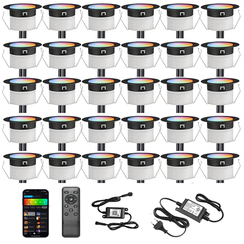 WiFi - Foco LED empotrable, exterior RGBW-GEYUEYA Home Ø45 mm 12 V RGB/blanco cálido, luces de terraza para Patio Path Steps de jardín con mando a distancia 24 teclas, lote de 30