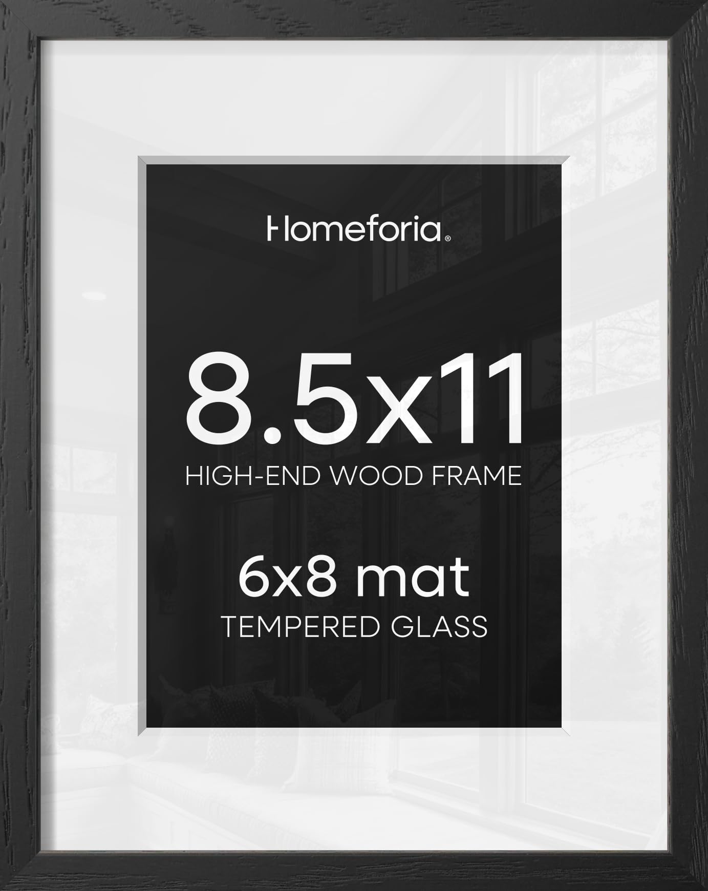 Homeforia 8.5x11 Black Oak Picture Frame, High-End Wood, 6x8 Mat, Glass | High End Solid Oak Wood, Tempered Glass, Acid-Free 6x8 Removable Mat, 8.5x11 Edge-to-Edge Display 11x8.5, Wall Kit, Set Of 3