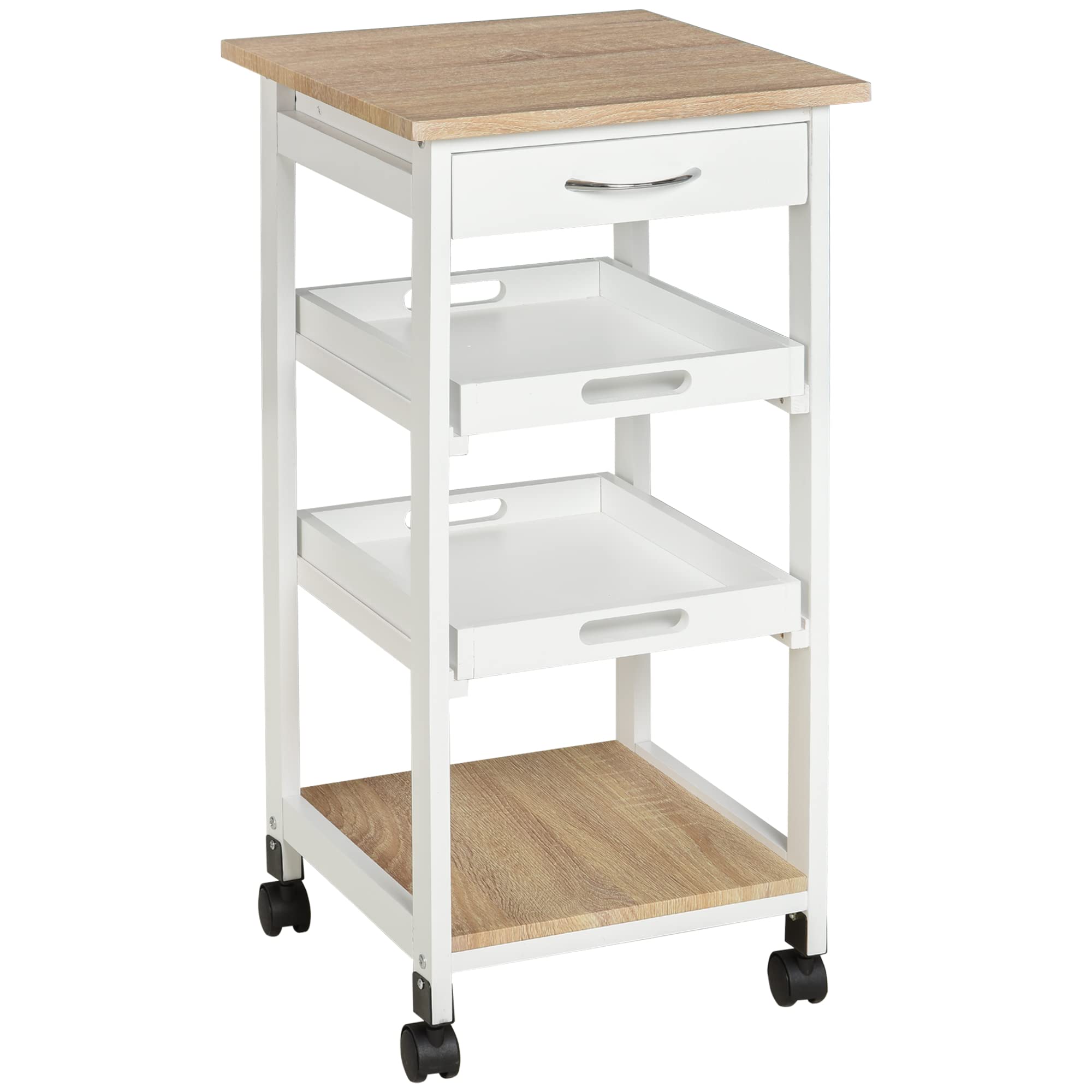 HOMCOM Chariot de Service desserte de Cuisine à roulettes 2 Plateaux Amovibles, tiroir, étagère chêne Clair Bois pin Blanc