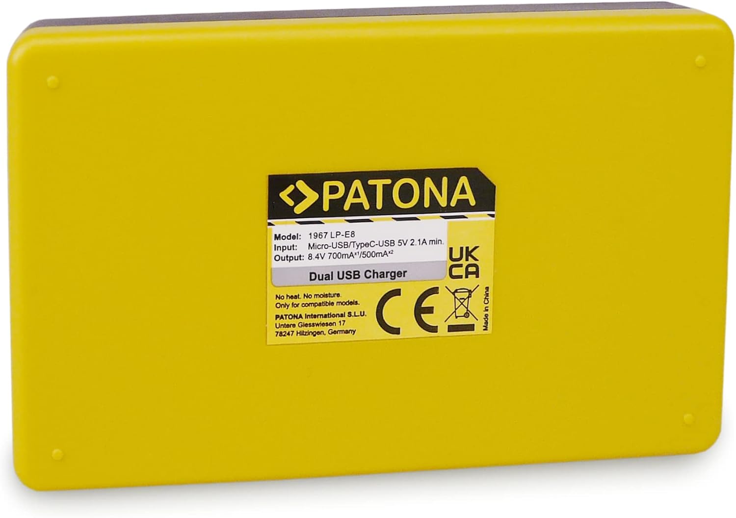 Back label of PATONA Dual USB Charger with detailed specifications