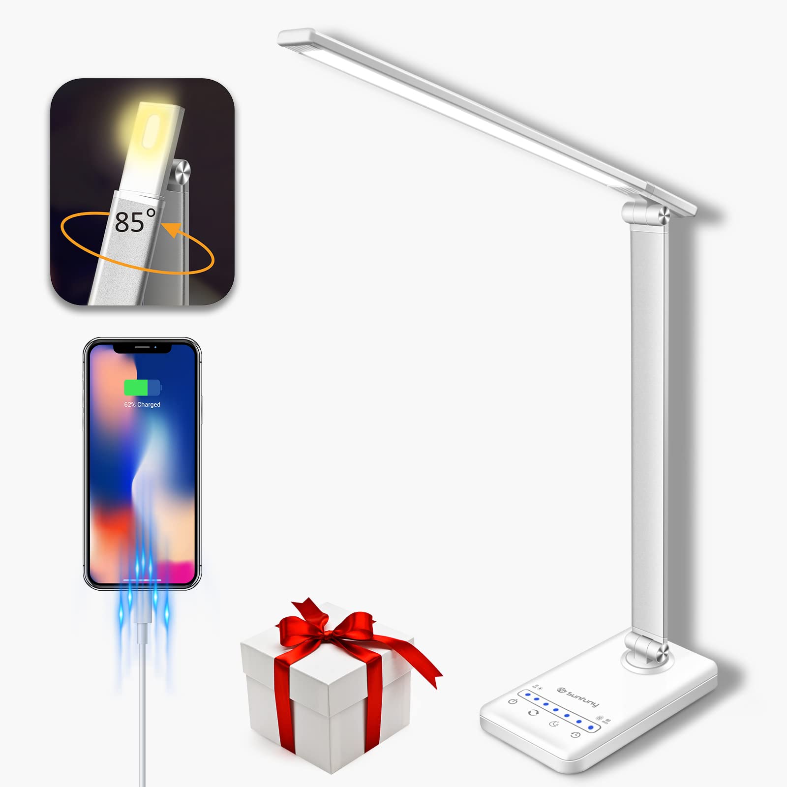 LED Desk Lamp, Cordless Table Lamp with USB Charging Port, 5 Colour Modes & 7 Brightness Levels, Night Light, Timer, Rechargeable Reading Desk Light Battery Operated for Home Office, Bedroom (White)