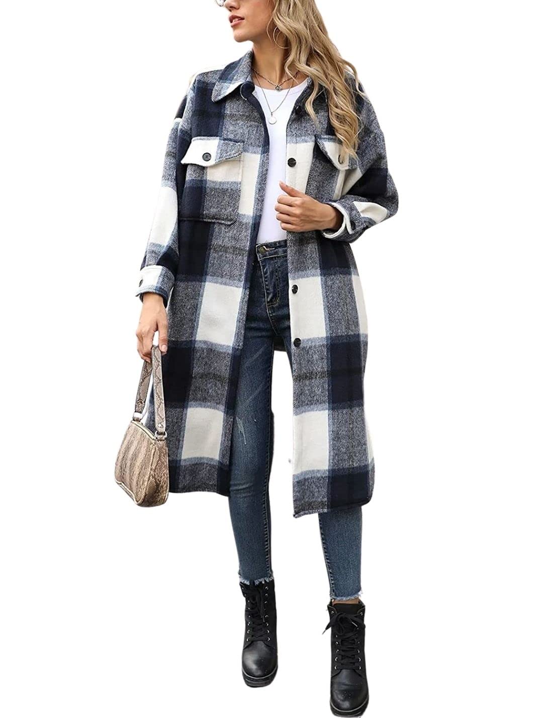 Kwoki Womens Long Plaid Shirt Jacket Casual Loose Fit Button Down Lapel Wool Blend Trench Coat Shackets