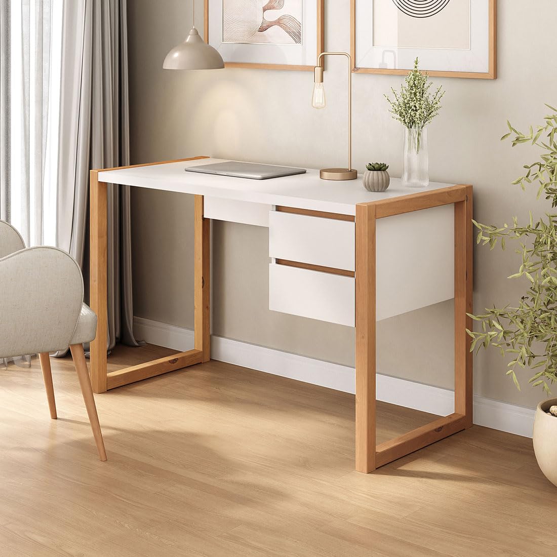 IDIMEX Schreibtisch Belinda mit 2 Schubladen, Weiß/Eiche – Home Office Tisch aus Kiefer Massivholz, Modernes Design mit praktischem Stauraum