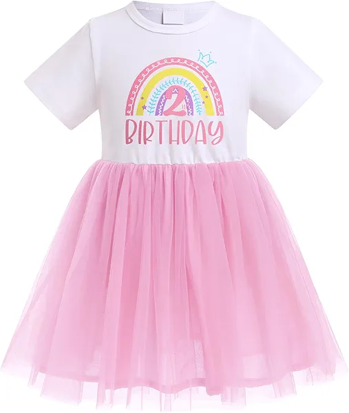 FYMNSI Baby Girls Boho Rainbow 1st 2nd Birthday Outfit Birthday Dress Short Sleeve Princess Summer Casual Cake Smash Clothes