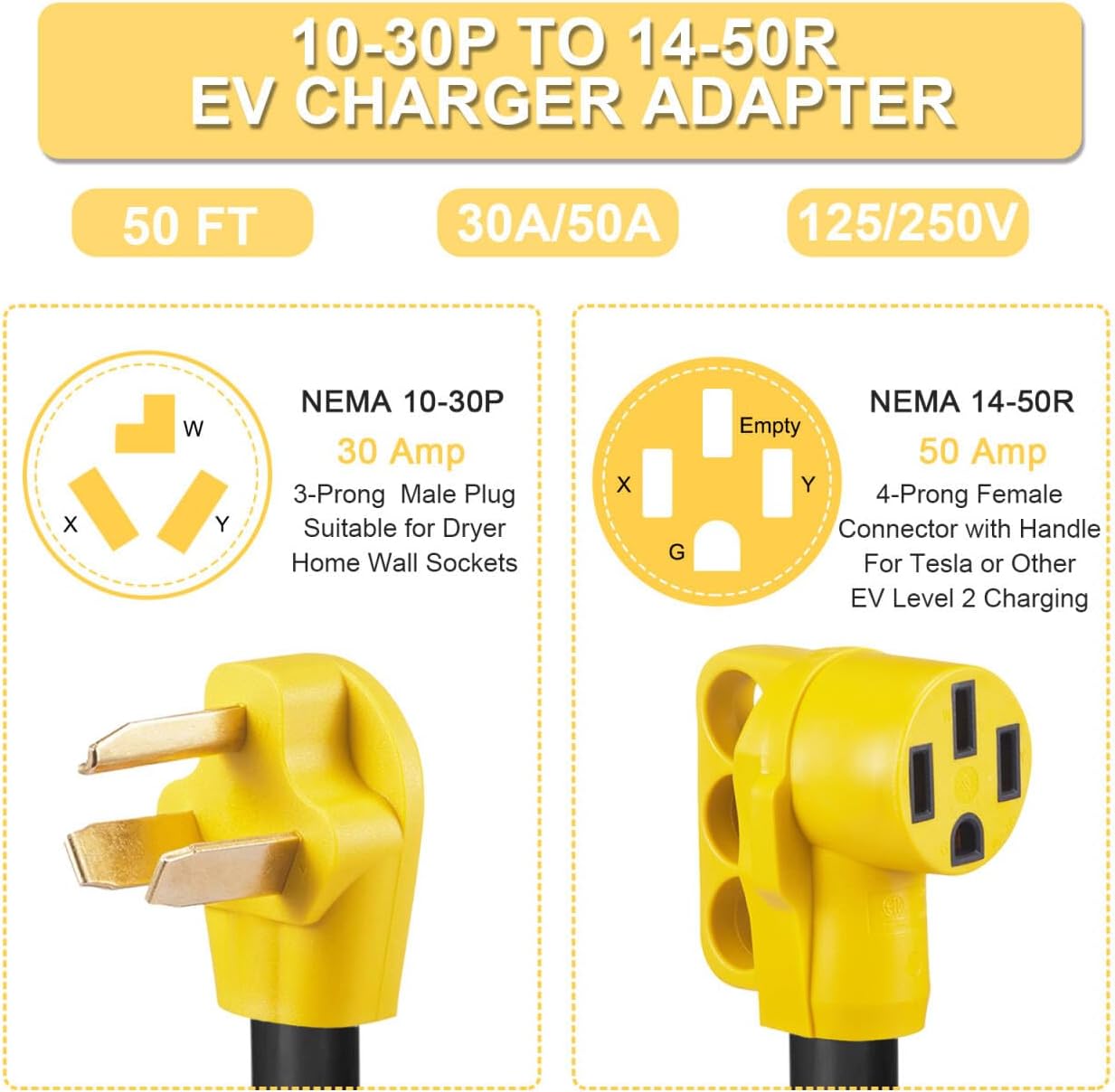 50ft EV Charger Adapter Cord Compatible with NEMA 10-30P to 14-50R, 3 Prong Old Dryer Outlet to EV(Max 24Amp) for Tesla Model 3 Y S X or Level 2 EV Charging, NOT for RV, ETL Listed