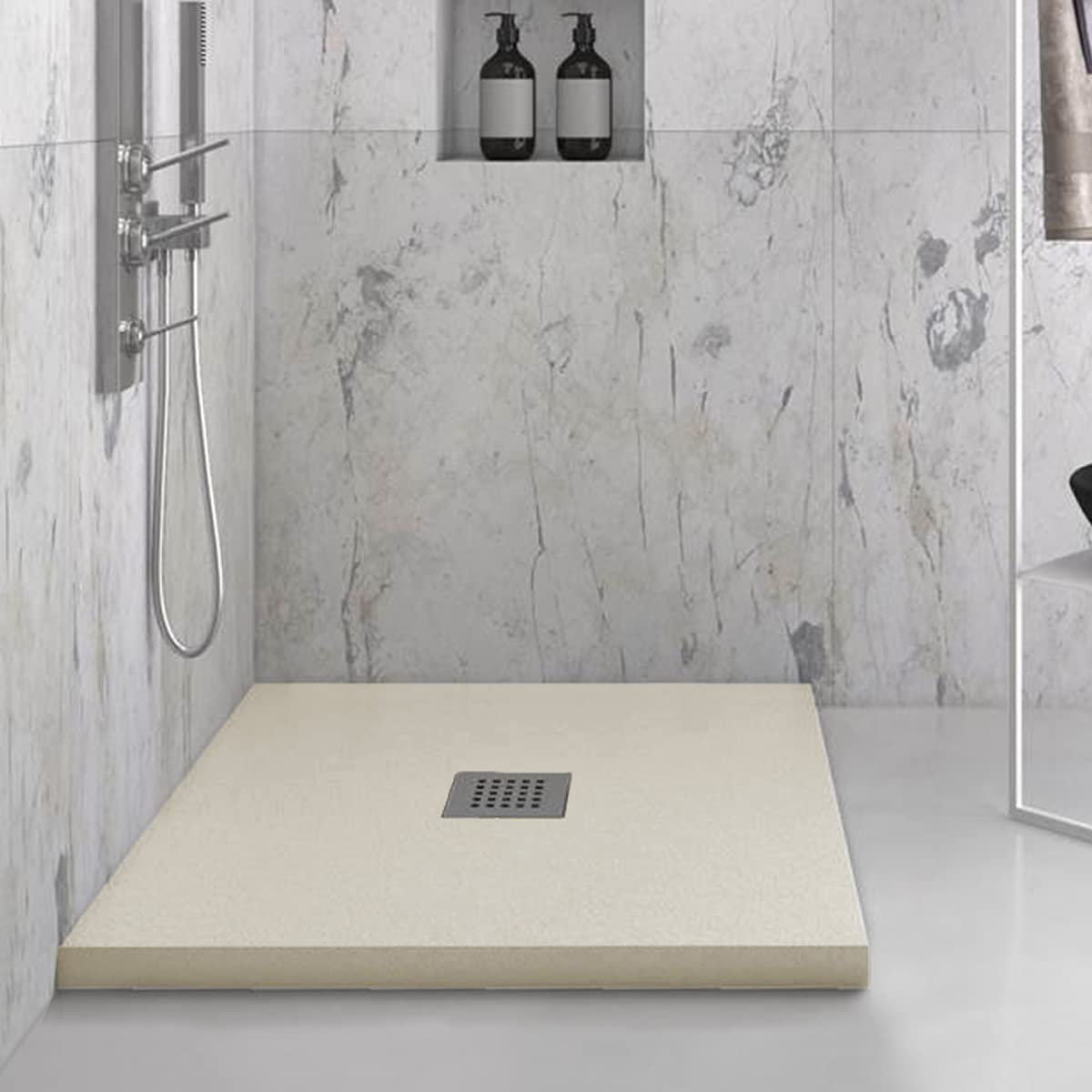 Yellowshop - Piatto doccia quadrato marmoresina 80x80 o 90x90 cm h 2,5 cm HEAVY Sabbia con sifone, piletta e copripiletta inox (Cm 80x80)