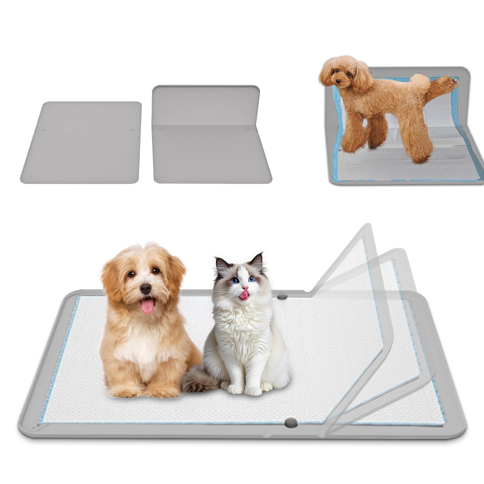 Support en silicone avec ventouses, hauteur réglable, étanche, bac à litière antidérapant pour tapis jetables/lavables, protection de sol et de mur (pliable) (gris)