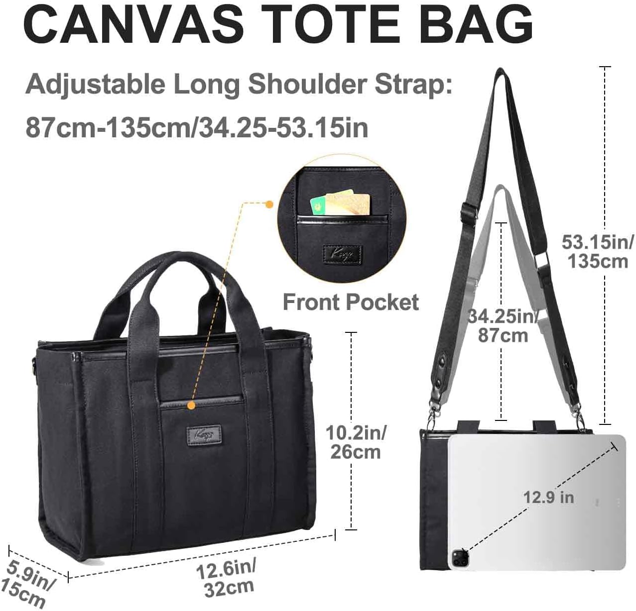 Kasqo Canvas Tote Bag for Women, Casual Tote Purse Shoulder Satchel Bag with Multi Pockets Zipper for Travel,Work