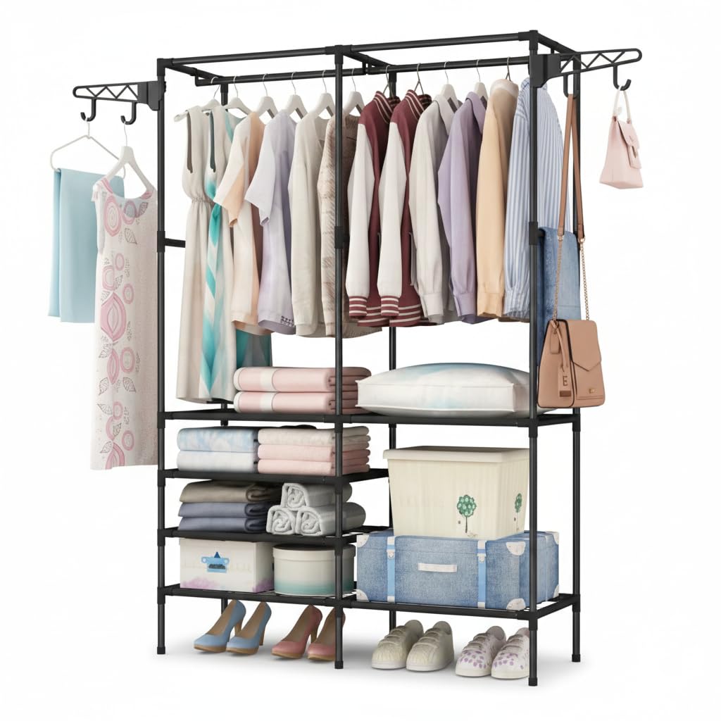 Scaffale Appendiabiti con Struttura in Metallo e Ripiani in Stoffa 108x36x170 cm – Armadio Aperto con Barra per Vestiti, Mensole Portaoggetti e Ganci Laterali – Organizer Salvaspazio per Camera