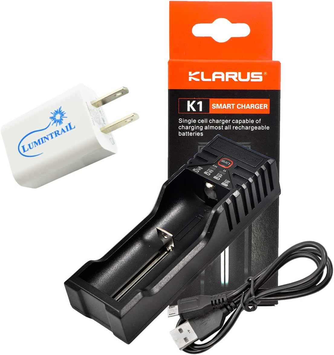 Klarus K1 Single Cell Smart Battery Charger for Li-ion 18650 16340 22650 / Ni-MH/Ni-Cd AA AAA AAAA C with a USB Wall Plug