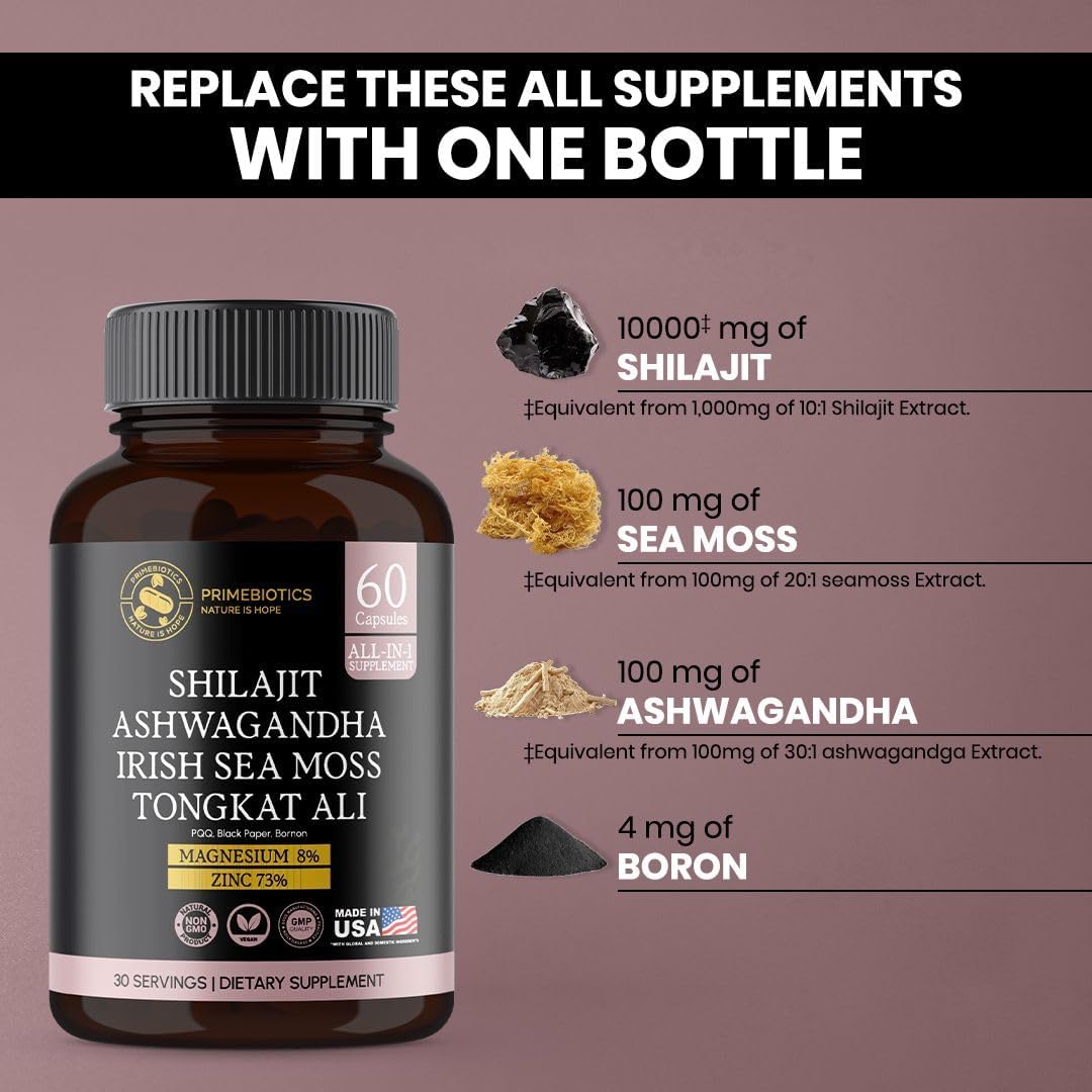All-in-1 Shilajit Supplement with Ashwagandha, Irish Sea Moss, Tongkat Ali, Black Pepper Extract, Boron, Magnesium and Zinc for Men & Women (60 Capsules) - Image 7