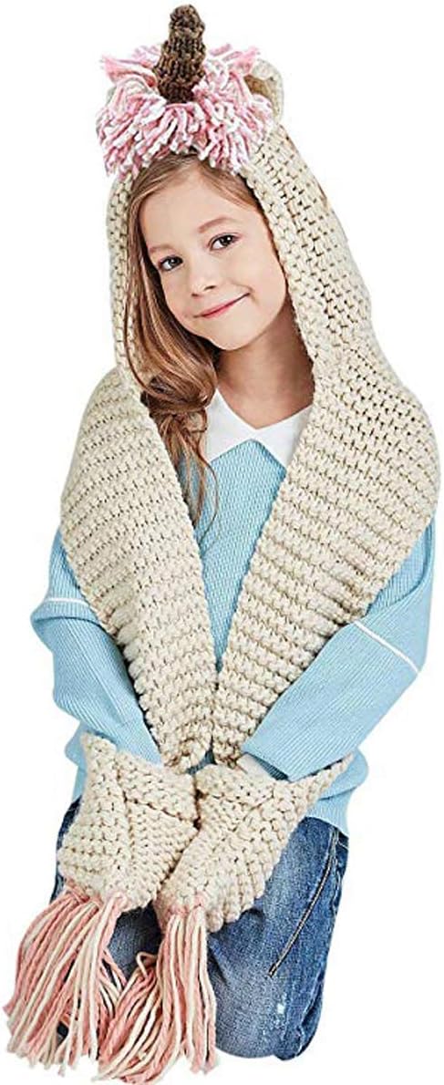 Girls Unicorn Hat with Scarf, Girls Hat Knitted Cartoon Unicorn Hooded Scarf Winter Hat Scarf Pocket Hooded Knitting Beanies Party Cosplay Gifts for Children Girls (6-16 Years)